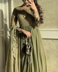 Exclusive Green Soft Georgette Embroidery Gown Pant With Dupatta