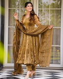 Ready To Wear Antique Gold Shimmer Silk Anarkali Suit With Dupatta