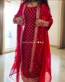 Ready To Wear Red Simmer Silk Embroidery Kurti Set With Dupatta