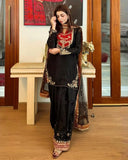 Ready To Wear Black Soft Georgette Embroidery Farshi Salwar Kurti With Dupatta
