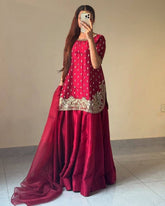 Ready To Wear Red French Silk Embroidery Kurti Palazo With Dupatta