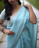 Designer sky Organza Silk hand Work saree with blouse