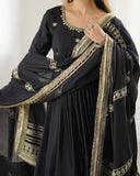 Premium Black Grey Chinon Silk Embroidery Anarkali Suit With Dupatta