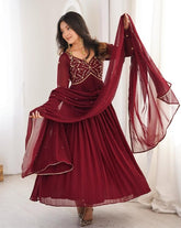 Ready To Wear Maroon Soft Georgette Embroidery Anarkali Pant With Dupatta