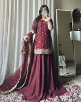 Ready To Wear Maroon Green Heavy Chinon Silk Embroidery Lehenga Kurti With Dupatta