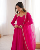 Premium Pink Chanderi Roman Silk Embroidery Anarkali Suit With Dupatta
