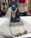 Ready To Wear Maroon And Blue Soft Georgette Embroidery Sharara Kurti With Dupatta