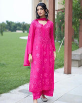 Ready To Wear Pink Brown Green Red Soft Georgette Chikankari Kurti Palazo With Dupatta
