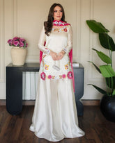 Ready To Wear White Roman Glass Silk Kurti Palazo With Dupatta