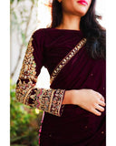 Exclusive Wine Premium Velvet Embroidery Saree With Blouse