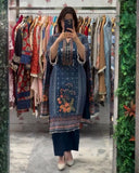 Exclusive Blue Chinon Silk Embroidery Kurti Pant With Dupatta