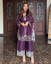Ready To Wear Purple French Silk Embroidery Kurti Palazo With Dupatta