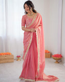 Premium Ready To Wear Peach Grey Simmer Silk Saree With Blouse