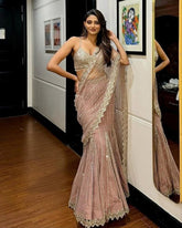 Exclusive Butterfly Net Rose Gold Ready To Wear Lehenga Saree With Blouse