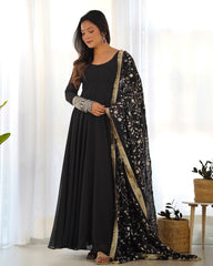 Ready To Wear Black Faux Georgette Sequence Work Anarkali Gown With Dupatta