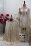 Exclusive Cream Chinon Silk Embroidery Work Sharara Suit With Dupatta