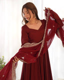 Premium Maroon Chanderi Roman Silk Embroidery Anarkali Suit With Dupatta