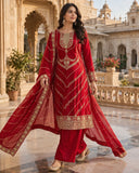 Ready To Wear Red Fendy Silk Embroidery Kurti Palazo With Dupatta
