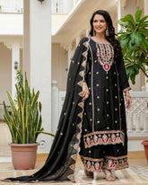 Exclusive Black & Pink Chinon Silk Sequence Work Pant Suit With Dupatta