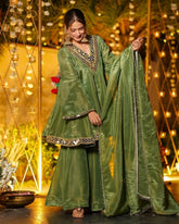 Exclusive Green Silk Mirror Work Sharara Suit With Dupatta