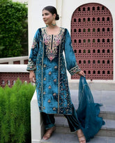 Exclusive Teal Blue Premium Velvet Pant Kurti With Dupatta