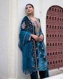 Exclusive Teal Blue Premium Velvet Pant Kurti With Dupatta