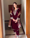 Exclusive Wine Maroon Premium Velvet Suit With Dupatta
