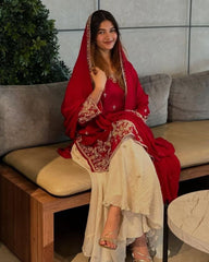 Ready To Wear Red-Ivory Chinon Silk Embroidery Work Sharara Suit With Dupatta