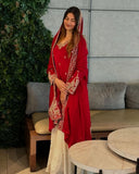 Ready To Wear Red-Ivory Chinon Silk Embroidery Work Sharara Suit With Dupatta