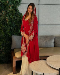 Ready To Wear Red-Ivory Chinon Silk Embroidery Work Sharara Suit With Dupatta