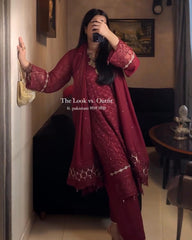 Ready To Wear Red Soft Georgette Embroidery Work Pant Suit With Dupatta