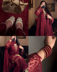 Ready To Wear Red Soft Georgette Embroidery Work Pant Suit With Dupatta