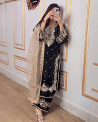 Ready To Wear Green , Red & Black Jimmy Silk Embroidery Work Pakistani Suit With Dupatta