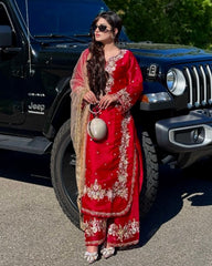 Ready To Wear Green , Red & Black Jimmy Silk Embroidery Work Pakistani Suit With Dupatta
