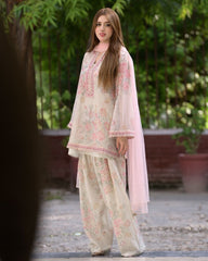 Ready To Wear White Pure Chiffon Embroidery Work Pakistani Suit With Pink Dupatta