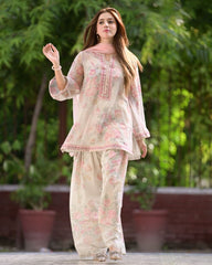 Ready To Wear White Pure Chiffon Embroidery Work Pakistani Suit With Pink Dupatta