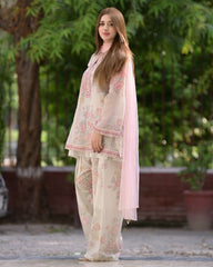 Ready To Wear White Pure Chiffon Embroidery Work Pakistani Suit With Pink Dupatta