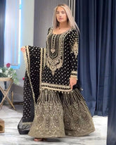 Ready To Wear Black , Fanta & Pink Soft Georgette Embroidery Work Gharara Suit With Dupatta