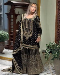 Ready To Wear Black , Fanta & Pink Soft Georgette Embroidery Work Gharara Suit With Dupatta