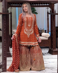 Ready To Wear Black , Fanta & Pink Soft Georgette Embroidery Work Gharara Suit With Dupatta