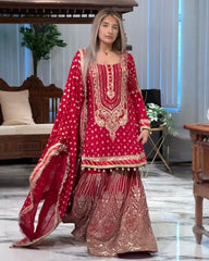 Ready To Wear Black , Fanta & Pink Soft Georgette Embroidery Work Gharara Suit With Dupatta