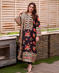 Ready To Wear Black & Green Chinon Silk Sequence Work Pakistani Suit With Dupatta