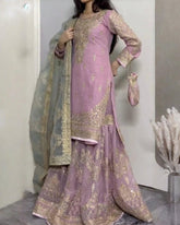 Ready To Wear Lilac Georgette Embroidery Work Gharara Suit With Sky Dupatta