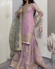 Ready To Wear Lilac Georgette Embroidery Work Gharara Suit With Sky Dupatta