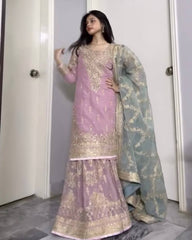 Ready To Wear Lilac Georgette Embroidery Work Gharara Suit With Sky Dupatta