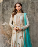 Exclusive Cream Silk Embroidered Pakistani Suit With Sky Dupatta