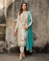 Exclusive Cream Silk Embroidered Pakistani Suit With Sky Dupatta