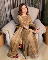 Exclusive Golden Beige Georgette Embroidery Work Pakistani Suit With Dupatta