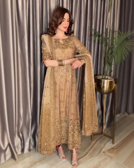 Exclusive Golden Beige Georgette Embroidery Work Pakistani Suit With Dupatta