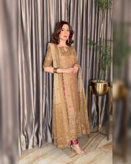 Exclusive Golden Beige Georgette Embroidery Work Pakistani Suit With Dupatta